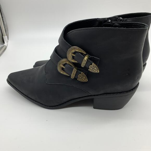 Black Ankle Bootie Women Size 10 Solid Faux leather Pointed Toe Heeled Buckle - Picture 4 of 8